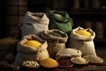 Sacks filled with different millet varieties, complemented by verdant surroundings