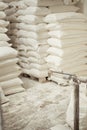 Sacks of flour in the bakery warehouse