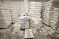 Sacks of flour in the bakery warehouse