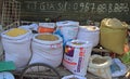 Sacks with flour and grains on street market in Vinh, Vietnam