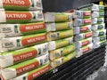 Sacks of italian wheat flour in stacks at a wholesale supermarket.