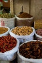 Sacks of nuts and dried fruit on market stall Royalty Free Stock Photo