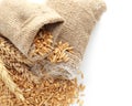 Sacks with wheat grains, flour and spikelets on white background Royalty Free Stock Photo
