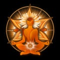 Sacral chakra meditation in yoga lotus pose, in front of svadhisthana chakra symbol.