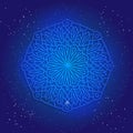 Sacral geometry 3d design. Mandala, arabesque on the deep blue cosmic sky wiht stars.