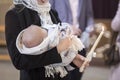 The sacrament of baptism. Attributes of an Orthodox priest for baptism. baptism Christening the baby. Child and God