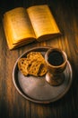 The sacrament of holy communion - bread, wine and bible Royalty Free Stock Photo