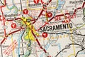 Sacramento city California road trip map closeup