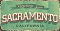 Sacramento city vintage poster vector. Vintage tin sign with USA city. Sacramento. Retro souvenirs.