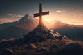 Sacred ancient wooden cross on stones in mountains. Holy symbol of faith and religion. Generative ai illustration Royalty Free Stock Photo