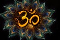 Sacred aum sanskrit symbol in circle of peacock feathers Royalty Free Stock Photo