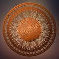 Sacred Aztec wheel calendar Mayan sun god, Maya symbols ethnic mask, bronze round frame border old logo icon vector illustration