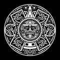 Sacred Aztec wheel calendar Mayan sun god, Maya symbols ethnic mask, white tattoo round frame border old logo icon vector Royalty Free Stock Photo