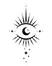 Sacred eye, magic crescent moon in boho style, black vector tattoo isolated on white background. Bohemian logo icon, geometric Royalty Free Stock Photo