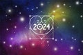 Sacred Geometry Astrological New Year 2024 Greeting Card or Calendar Cover on Cosmic Background