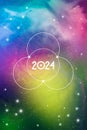 Sacred Geometry Astrological New Year 2024 Greeting Card or Calendar Cover on Cosmic Background