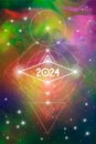 Sacred Geometry Astrological New Year 2024 Greeting Card or Calendar Cover on Cosmic Background