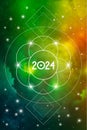 Sacred Geometry Astrological New Year 2024 Greeting Card or Calendar Cover on Cosmic Background