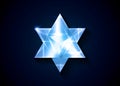 Sacred geometry. 3D crystal Merkaba geometric triangle shape. esoteric or spiritual symbol. isolated on blue background. Glass ice