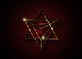 Sacred geometry. 3D gold Merkaba thin line geometric triangle shape. esoteric or spiritual symbol.  on dark red background Royalty Free Stock Photo