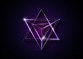 Sacred geometry. 3D neon Merkaba thin line geometric triangle shape. esoteric or spiritual symbol. isolated on dark red background Royalty Free Stock Photo