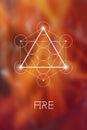 Sacred Geometry Fire Element Symbol Inside Metatron Cube And Flower Of Life In Front Of Natural Blurry Background
