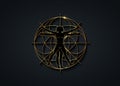 Sacred Geometry gold symbol. The Vitruvian man. Detailed drawing on the basis of golden artwork by Leonardo da Vinci, isolated