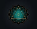 Sacred Geometry magic triangle symbol, third Eye sign. Geometric mystic mandala of alchemy esoteric Flower of Life. Gold line art Royalty Free Stock Photo