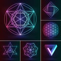 Sacred geometry set. Vector esoteric ornament on the neon background. Abstract geometric Royalty Free Stock Photo