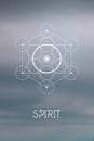 Sacred geometry Spirit or Aether element symbol inside Metatron Cube and Flower of Life in front of natural blurry background
