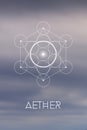 Sacred geometry Spirit or Aether element symbol inside Metatron Cube and Flower of Life in front of natural blurry background