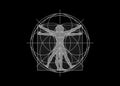 Sacred Geometry symbol. The Vitruvian man. Detailed drawing on the basis of artwork by Leonardo da Vinci, vector isolated on black Royalty Free Stock Photo