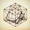 Sacred geometry tortoise ink on old paper hypercube