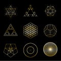 Sacred geometry golden vector design elements collection. Alchemy, religion, philosophy, spirituality, hipster symbols. Royalty Free Stock Photo