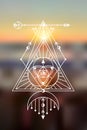 Sacred geometry vector illustration blurred sea background. Good for logo, design of yoga mat and clothes.