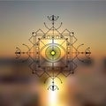 Sacred geometry vector illustration blurred sea background. Good for logo, design of yoga mat and clothes.