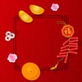 The sacred is Gold money , orange fruit , Peach blossom and firecracker for Chinese new year on china frame and red bamboo pattern