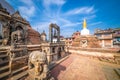 Sacred Gompa. Sculptures of Gods and Goddesses carved on the stone of Ancient Buddhist Temple and ancient ruins. Intricate Details Royalty Free Stock Photo