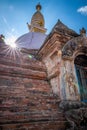 Sacred Gompa. Sculptures of Gods and Goddesses carved on the stone of Ancient Buddhist Temple and ancient ruins. Intricate Details Royalty Free Stock Photo