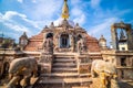 Sacred Gompa. Sculptures of Gods and Goddesses carved on the stone of Ancient Buddhist Temple and ancient ruins. Intricate Details Royalty Free Stock Photo