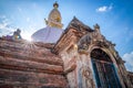 Sacred Gompa. Sculptures of Gods and Goddesses carved on the stone of Ancient Buddhist Temple and ancient ruins. Intricate Details Royalty Free Stock Photo