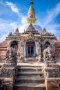 Sacred Gompa. Sculptures of Gods and Goddesses carved on the stone of Ancient Buddhist Temple and ancient ruins. Intricate Details Royalty Free Stock Photo