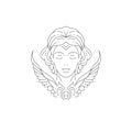 Sacred magic woman portrait with elegant hairstyle and wings glamour bohemian line logo vector