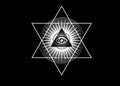 Sacred Masonic symbol. All Seeing eye, the third eye The Eye of Providence  inside triangle pyramid. New World Order. Hand-drawn Royalty Free Stock Photo