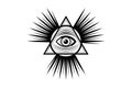 Sacred Masonic symbol. All Seeing eye, the third eye, The Eye of Providence, inside triangle pyramid. New World Order. Black icon Royalty Free Stock Photo