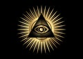 Sacred Masonic symbol. Gold All Seeing eye, the third eye The Eye of Providence inside triangle pyramid. New World Order