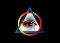 Sacred Masonic symbol. All Seeing eye, the third eye The Eye of Providence inside triangle pyramid. New World Order. logo Royalty Free Stock Photo