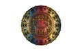 Sacred Mayan sun god, Aztec wheel calendar, Maya symbols ethnic mask in gold color. Golden and colorful round frame border Royalty Free Stock Photo