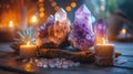 Sacred Meditation Altar with Amethyst Crystals and Glowing Candle.