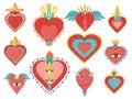 Sacred mexican hearts with fire eye and wings. Retro heart mexico stickers. Fashion tattoos or embroidery patch template Royalty Free Stock Photo